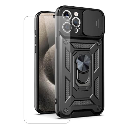 SDTEK Hülle Kompatibel mit iPhone 15 Pro Max, Handyhülle Kameraobjektivschutz, Ständer, Magnetringhalter Glas Displayschutzfolie (Schwarz) von SDTEK