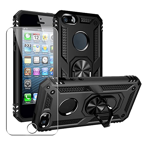 SDTEK Hülle Kompatibel mit iPhone SE (2016-2019) 5 5s, Starke Robuste Hybrid-Telefonabdeckung Integriertem Magnetringhalter Glas-Displayschutzfolie 360 (Schwarz) von SDTEK