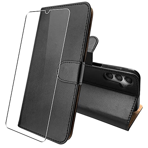 SDTEK Hülle für Samsung Galaxy A25 / A24, Tasche Leder Flip Case Brieftasche Book Schutzhülle Handyhülle + Glasschutzfolie (Schwarz) von SDTEK