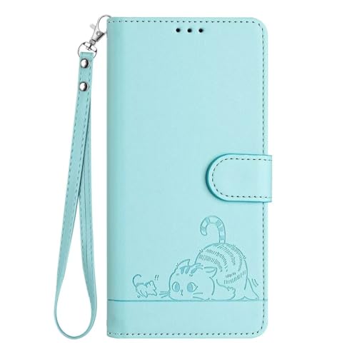 SEAHAI Hülle für Samsung Galaxy M35 5G Handyhülle, Niedlich Geprägt Katze Premium PU Leder Folio Brieftasche Stoßfest Schutzhülle mit Ständer/Kartenfach/RFID-Schutz, Hellgrün von SEAHAI