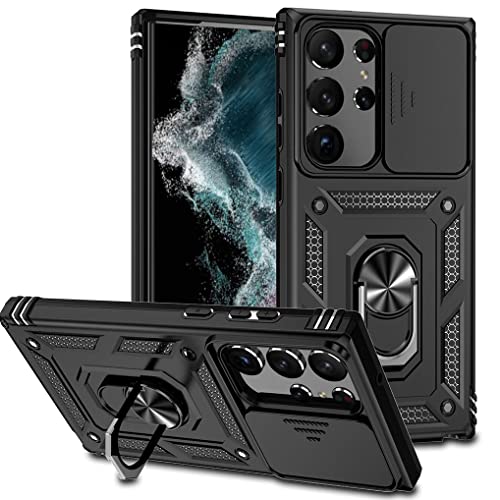 SEAHAI Hülle für Samsung Galaxy S23 Ultra 5G, Militär Robust Handyhülle Outdoor Stoßfest Silikon TPU + PC Handy Case Schutzhülle mit Kameraschutz und 360 Grad Ring Ständer - Schwarz von SEAHAI