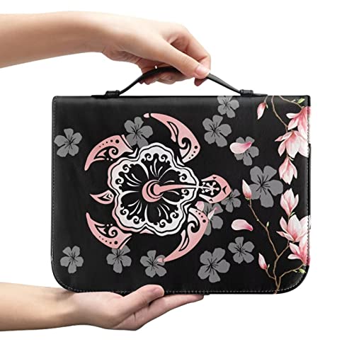 SEANATIVE Hawaii Sea Turtle Print Leder Bibelhülle Bibeltasche mit Reißverschluss Rosa Hibiskus Blume Bibelhalter Etui Schrift Aufbewahrung Pocekt für Frauen von SEANATIVE