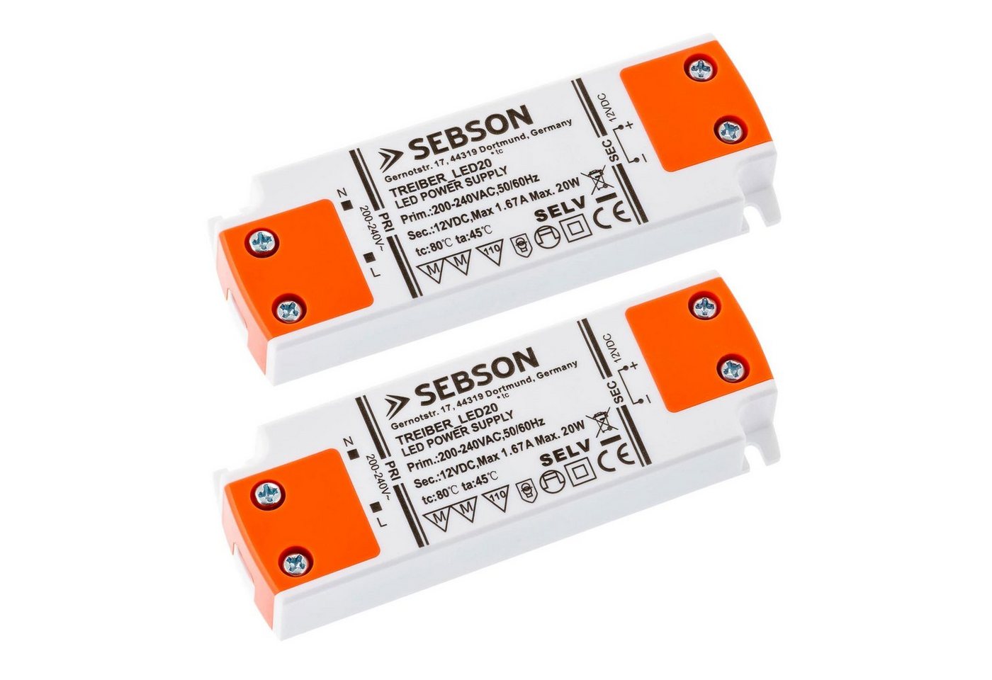 SEBSON 2x 20W LED Treiber / LED Trafo, 12V Ausgangsspannung, Netzteil für LED Trafo von SEBSON