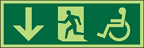 Seco DDA Fire Exit – Pfeil nach unten zeigend, Mann läuft links, Rollstuhl-Piktogramm, 450 mm x 150 mm – nachleuchtendes 2 mm Prestige-Acryl Seco DDA Fire Exit – Pfeil nach unten zeigend, Mann läuft links, Rollstuhl-Piktogramm, 450 mm x 150 mm – nachleuchtendes 2 mm Prestige-Acryl von SECO