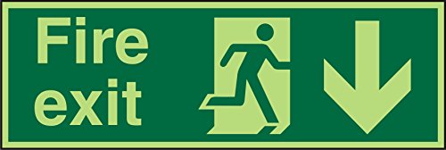 Seco Fire Exit – Fire Exit, Man Running Right, Pfeil zeigt nach unten, 450 mm x 150 mm – nachleuchtender 1 mm halbstarrer Kunststoff von SECO