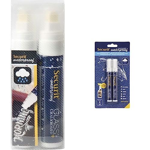 SECURIT BL-SMA100-V4-COL Kreidemarker wasserfest (mit Keilspitze ca. 7-15 mm) 2er Set weiß & wasserfeste Flüssigkreide Marker, weiß, Plastik, 14.2 x 3.5 x 2 cm von SECURIT