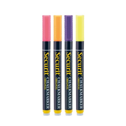 SECURIT - 4er-Set Kreidemarker - Für nicht-poröse Oberflächen (Schwarze Tafel, Glas, Metall, Spiegel...) - Dünne Spitze 1-2 mm - 4 Farben (Orange, Rosa, Violett, Gelb) von SECURIT