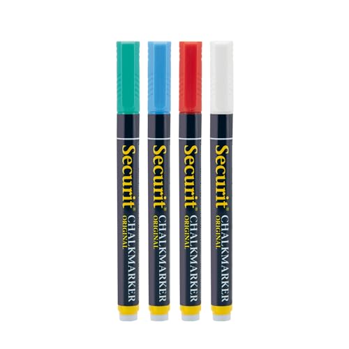 SECURIT - 4er-Set Kreidemarker - Für nicht-poröse Oberflächen (Schwarze Tafel, Glas, Metall, Spiegel...) - Dünne Spitze 1-2 mm - 4 Farben (Weiß, Grün, Rot, Blau) von SECURIT
