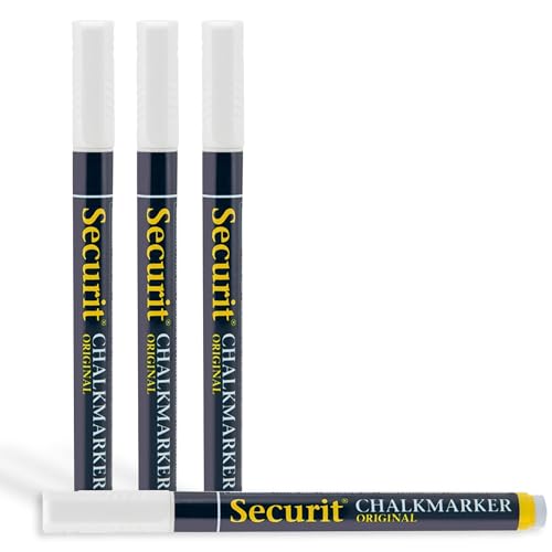SECURIT - 4er-Set Kreidemarker - Für nicht-poröse Oberflächen (Schwarze Tafel, Glas, Metall, Spiegel...) - Dünne Spitze 1-2 mm - Weiß von SECURIT