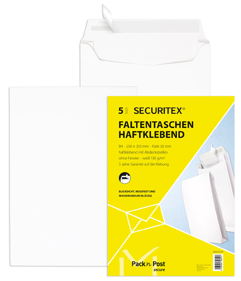 SECURITEX Faltenversandtasche, B4, weiß, ohne Fenster von SECURITEX