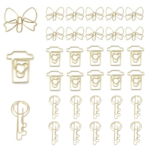150 Stück niedliche Büroklammern, goldfarben, lustige Lesezeichen, Metall, Planer-Clips, dekorative Büroklammern für Schule, Büro, Zuhause (Schleife, Kaffeetasse und Schlüssel) von SEEK RARE