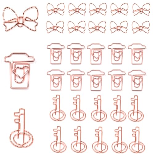 150PSC Niedliche Büroklammern, rotgoldene Büroklammern, lustige Lesezeichen, Metall, Planer-Clips, dekorative Büroklammern für Schule, Büro, Zuhause (Schleife, Kaffeetasse und Schlüssel) von SEEK RARE