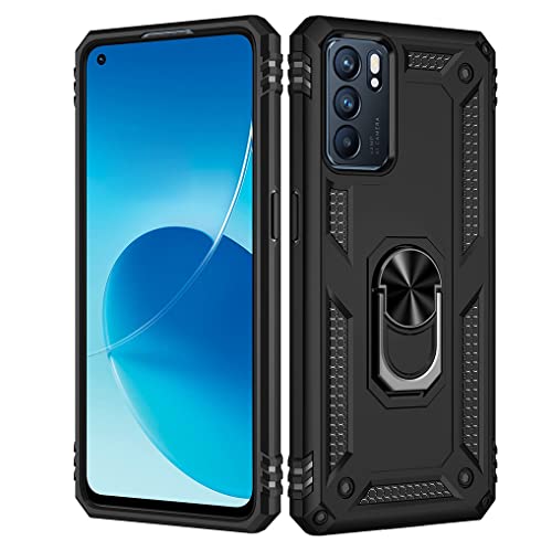 SEEKO Hülle für Oppo Reno 6 5G (Reno6 5G), Militär Strapazierfähig Robust Handyhülle Outdoor Stoßfest Silikon TPU + PC Handy Case Schutzhülle mit 360 Grad Ring Ständer - Schwarz von SEEKO