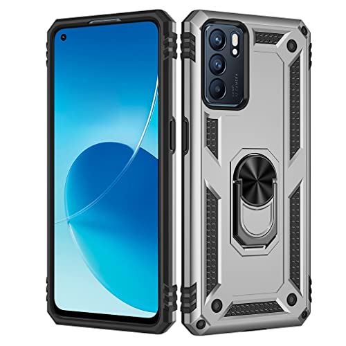 SEEKO Hülle für Oppo Reno 6 5G (Reno6 5G), Militär Strapazierfähig Robust Handyhülle Outdoor Stoßfest Silikon TPU + PC Handy Case Schutzhülle mit 360 Grad Ring Ständer - Silber von SEEKO