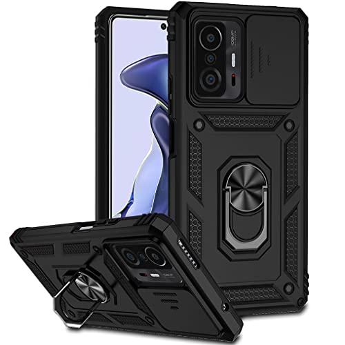 SEEKO Hülle für Xiaomi 11T Pro 5G / Xiaomi 11T 5G, Militär Robust Handyhülle Stoßfest Silikon TPU + PC Case Schutzhülle mit Kameraschutz und 360 Grad Ring Ständer - Schwarz von SEEKO