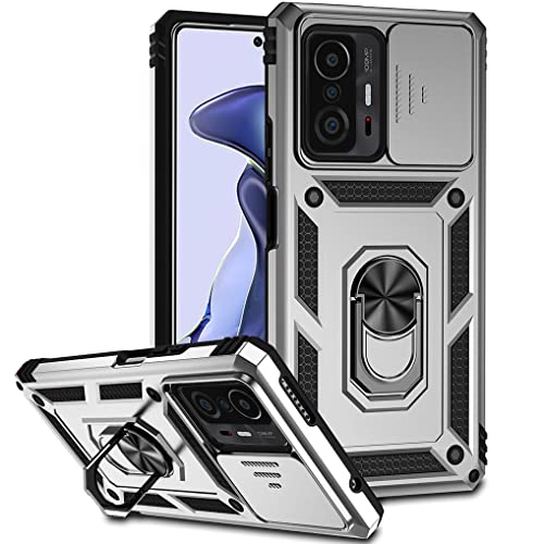 SEEKO Hülle für Xiaomi 11T Pro 5G / Xiaomi 11T 5G, Militär Robust Handyhülle Stoßfest Silikon TPU + PC Case Schutzhülle mit Kameraschutz und 360 Grad Ring Ständer - Silber von SEEKO