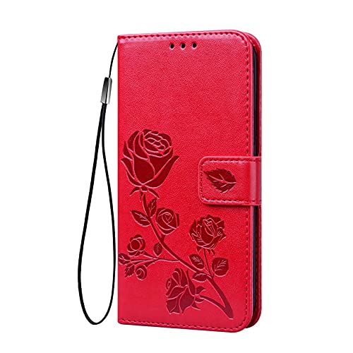 SEEKO Leder Hülle für Oppo Reno7 4G (Oppo Reno 7) Rose Geprägte Klapphülle, Premium PU Folio Brieftasche Stoßfest Schutzhülle Handyhülle mit Kartensteckplätze/Ständer, Rot von SEEKO