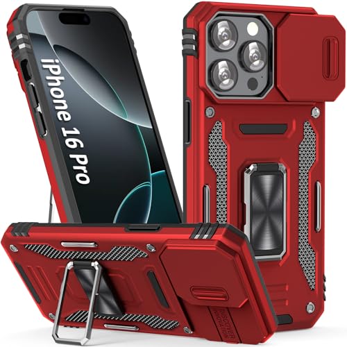 SEFING Handyhülle für iPhone 16 Pro Hülle 16 Pro, Handyhülle mit Schiebe-Kamera-Abdeckung, mit Fingerring-Halterung, Ständer, passend für magnetische Autohalterung, für iPhone 16Pro (rot) von SEFING