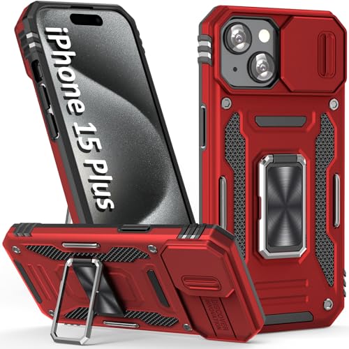 SEFING Hülle für iPhone 15 Plus - Schutzhülle mit Schiebe-Kamera-Abdeckung, Fingerring-Halter, Ständer, magnetische Autohalterung (rot) von SEFING