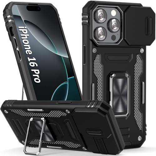 SEFING Schutzhülle für iPhone 16 Pro, mit Kamera-Abdeckung, mit Ringhalterung, Ständer, mit Magnet-Autohalterungsfunktion, für iPhone 16 Pro (Schwarz) von SEFING