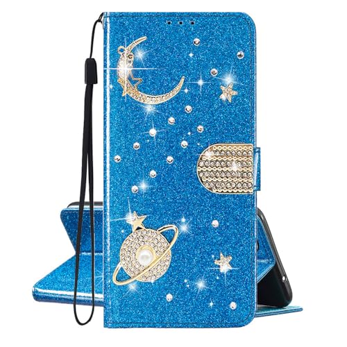 SEHEYA HandyHülle für Huawei P30 Lite Hülle Klappbar Glitzer Planet Stern Universum PU Leder Klapphülle Diamant Strass Bling Handytasche Kartentasche Magnet Book Cover, Blau von SEHEYA