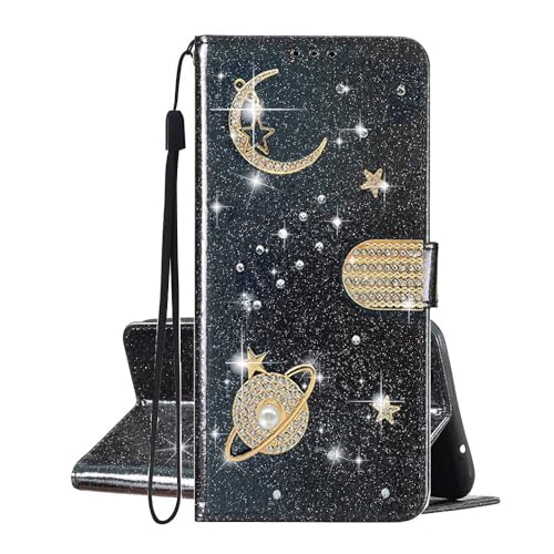 SEHEYA HandyHülle für Huawei P30 Lite Hülle Klappbar Glitzer Planet Stern Universum PU Leder Klapphülle Diamant Strass Bling Handytasche Kartentasche Magnet Book Cover, Schwarz von SEHEYA