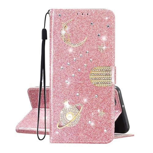 SEHEYA HandyHülle für Samsung Galaxy S23 Ultra Hülle Klappbar Glitzer Planet Stern Universum PU Leder Klapphülle Diamant Strass Bling Handytasche Kartentasche Magnet Book Cover, Roségold von SEHEYA