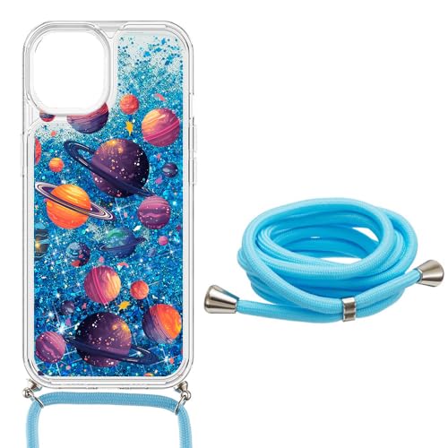 SEHEYA Handykette Hülle für iPhone 14 Pro Flüssigkeit Glitzer Handyhülle zum umhängen Transparent Silikon Schutzhülle mit Band Kordel Case Mädchen, Blau Planet Universum von SEHEYA