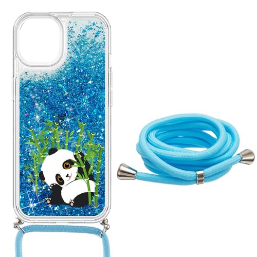 SEHEYA Handykette Hülle für iPhone 8 Plus/iPhone 7 Plus Flüssigkeit Glitzer Handyhülle zum umhängen Transparent Silikon Schutzhülle mit Band Kordel Case Mädchen, Blau Panda von SEHEYA