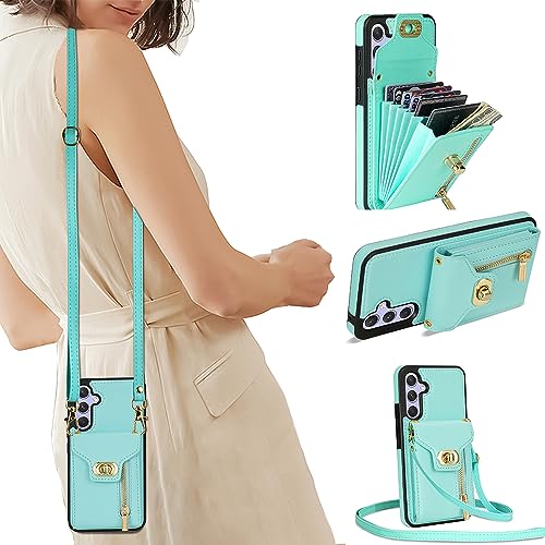 SEHEYA Handykette Hülle kompatibel mit Samsung Galaxy S21 FE Leder Handyhülle Schutzhülle mit Kordel Handytasche zum Umhängen Etui 2 in 1 Handy Cover Karten Börse Grün von SEHEYA