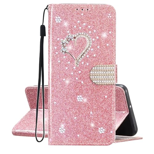 SEHEYA Hülle kompatibel mit Samsung Galaxy A20E Glitzer PU Leder Klapphülle Gold Herz Handyhülle Mädchen Handytasche Magnet Schutzhülle Karten Fach Handy Cover, Roségold von SEHEYA