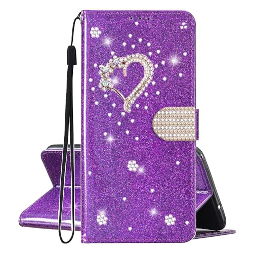 SEHEYA Hülle kompatibel mit Samsung Galaxy S10 Plus Glitzer PU Leder Klapphülle Gold Herz Handyhülle Mädchen Handytasche Magnet Schutzhülle Karten Fach Handy Cover, Glitter Lila von SEHEYA