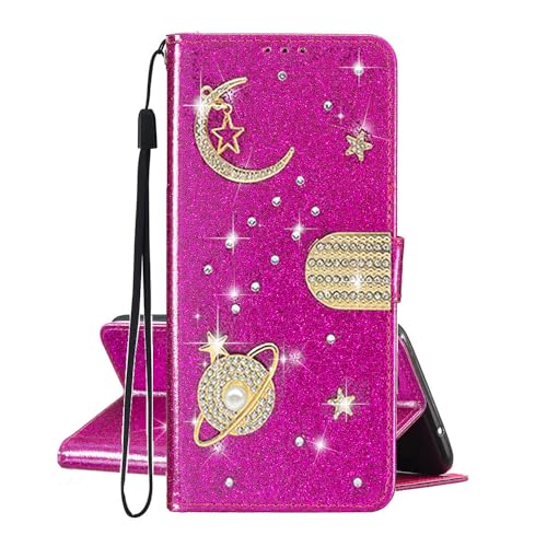 SEHEYA Klapphülle für iPhone 13 Pro PU Leder Hülle Glitzer Planet Stern Universum Design HandyHülle zum Klappen Strass Diamant Space Motiv Kartenfach Schutzhülle Flip Cover, Fuchsie von SEHEYA