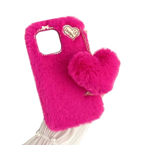 SEHEYA Plüsch Hülle für iPhone 14 Plus Flaumig Liebe Herz Handyhülle Kunstfell Bommel Flauschige Schutzhülle Weich TPU Silikon Case Frauen Mädchen - Rosa Rot von SEHEYA
