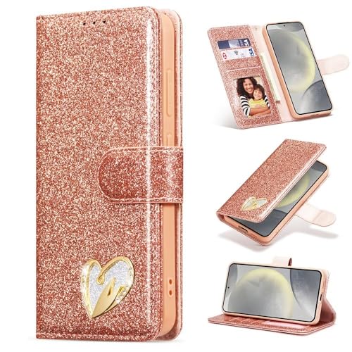 SEHEYA für Samsung Galaxy A15 5G / A15 4G Klapp-Handy Hülle Roségold PU Leder Glitzer Herz Diamond Design Mädchen Handyhülle Flip Brieftasche Kartenslots Schutzhülle für Galaxy A15 5G / A15 4G von SEHEYA