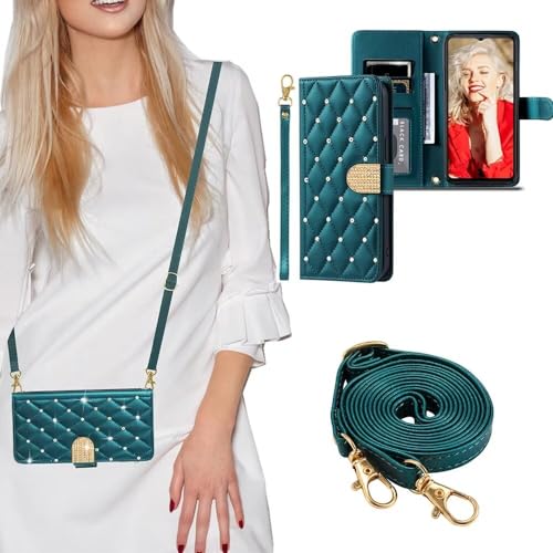 SEHEYA kompatibel mit Xiaomi Redmi Note 12 4G Handykette Hülle Klappbar Glitzer Strasssteine Leder Handyhülle zum Umhängen Schutzhülle Handytasche Etui 2 in 1 Handy Cover Dunkelgrün von SEHEYA