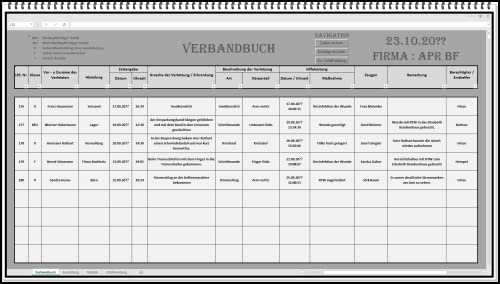 Elektronisches digitales Verbandbuch Computer Software Verbandsbuch Unfallbuch mit Unfallmeldung Unfallbericht MS Excel DGUV1 von SEK