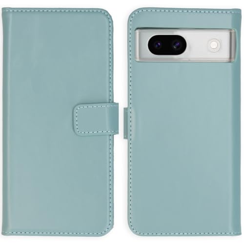 SELENCIA Bookcase Hülle kompatibel mit Google Pixel 8a – Era Leder Handytasche Side Flip Case – Handyhülle aus Rindsleder in Hellblau [3 Kartenfächer, Magnetverschluss] von SELENCIA