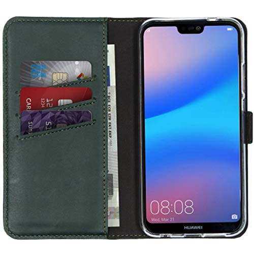 SELENCIA Bookcase Hülle kompatibel mit Huawei P20 Lite – Era Leder Handytasche Side Flip Case – Handyhülle aus Rindsleder in Grün [3 Kartenfächer, Magnetverschluss] von SELENCIA