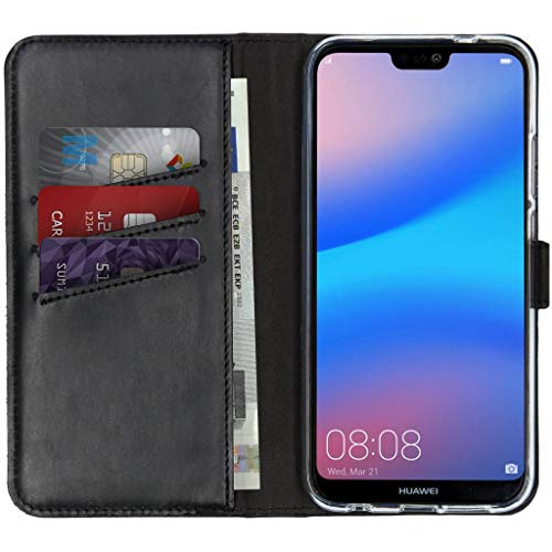 SELENCIA Bookcase Hülle kompatibel mit Huawei P20 Lite – Era Leder Handytasche Side Flip Case – Handyhülle aus Rindsleder in Schwarz [3 Kartenfächer, Magnetverschluss] von SELENCIA