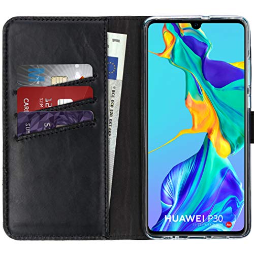 SELENCIA Bookcase Hülle kompatibel mit Huawei P30 – Era Leder Handytasche Side Flip Case – Handyhülle aus Rindsleder in Schwarz [3 Kartenfächer, Magnetverschluss] von SELENCIA