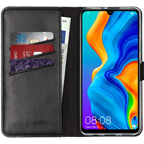 SELENCIA Bookcase Hülle kompatibel mit Huawei P30 Lite – Era Leder Handytasche Side Flip Case – Handyhülle aus Rindsleder in Schwarz [3 Kartenfächer, Magnetverschluss] von SELENCIA