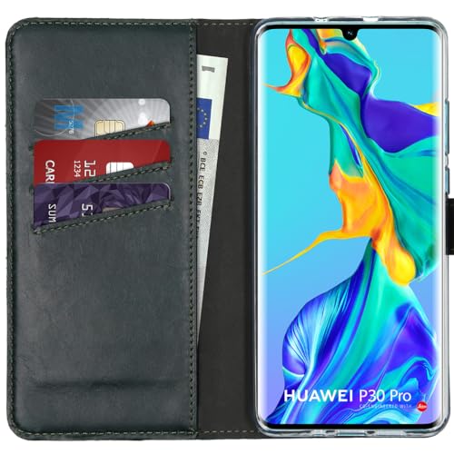 SELENCIA Bookcase Hülle kompatibel mit Huawei P30 Pro – Era Leder Handytasche Side Flip Case – Handyhülle aus Rindsleder in Grün [3 Kartenfächer, Magnetverschluss] von SELENCIA