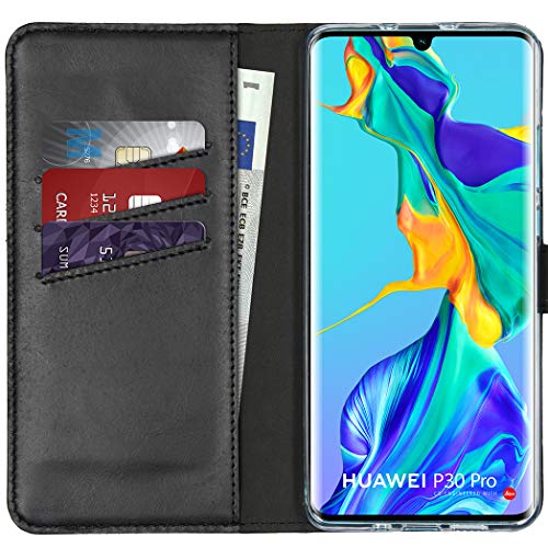 SELENCIA Bookcase Hülle kompatibel mit Huawei P30 Pro – Era Leder Handytasche Side Flip Case – Handyhülle aus Rindsleder in Schwarz [3 Kartenfächer, Magnetverschluss] von SELENCIA