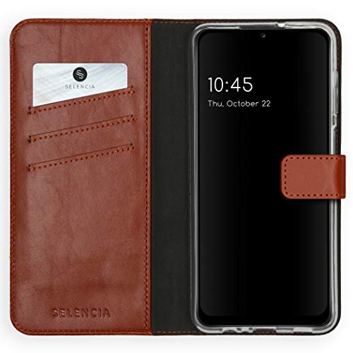 SELENCIA Bookcase Hülle kompatibel mit Samsung Galaxy A12 – Era Leder Handytasche Side Flip Case – Handyhülle aus Rindsleder in Hellbraun [3 Kartenfächer, Magnetverschluss] von SELENCIA