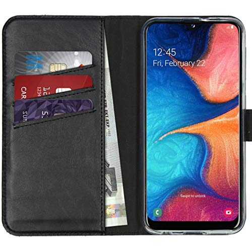SELENCIA Bookcase Hülle kompatibel mit Samsung Galaxy A20e – Era Leder Handytasche Side Flip Case – Handyhülle aus Rindsleder in Schwarz [3 Kartenfächer, Magnetverschluss] von SELENCIA