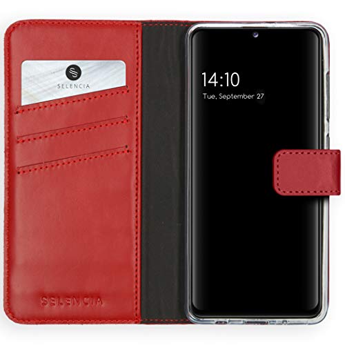 SELENCIA Bookcase Hülle kompatibel mit Samsung Galaxy A41 – Era Leder Handytasche Side Flip Case – Handyhülle aus Rindsleder in Rot [3 Kartenfächer, Magnetverschluss] von SELENCIA
