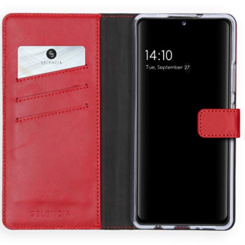 SELENCIA Bookcase Hülle kompatibel mit Samsung Galaxy A42 – Era Leder Handytasche Side Flip Case – Handyhülle aus Rindsleder in Rot [3 Kartenfächer, Magnetverschluss] von SELENCIA