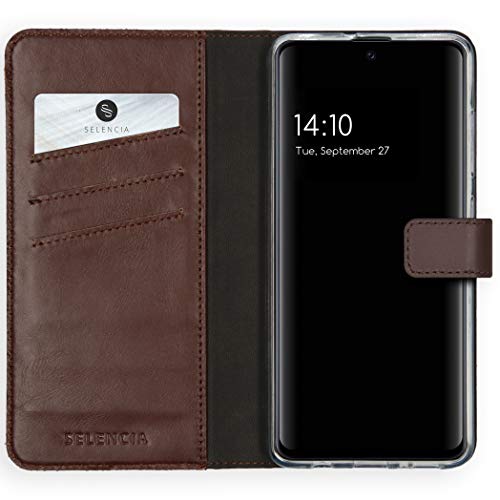 SELENCIA Bookcase Hülle kompatibel mit Samsung Galaxy A51 – Era Leder Handytasche Side Flip Case – Handyhülle aus Rindsleder in Braun [3 Kartenfächer, Magnetverschluss] von SELENCIA