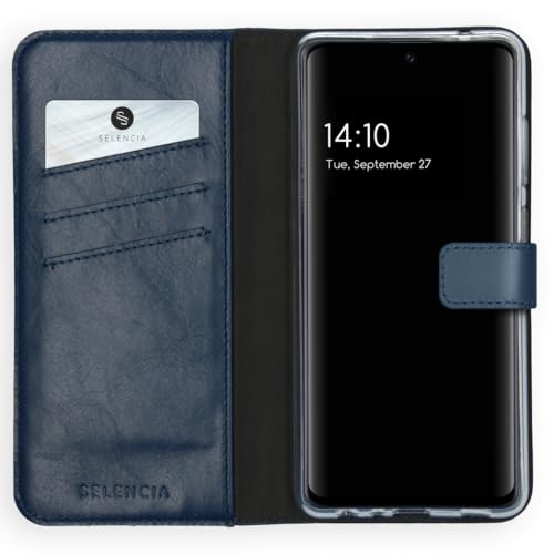 SELENCIA Bookcase Hülle kompatibel mit Samsung Galaxy A72 – Era Leder Handytasche Side Flip Case – Handyhülle aus Rindsleder in Blau [3 Kartenfächer, Magnetverschluss] von SELENCIA